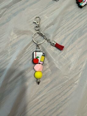 School-Themed Pink & Yellow Keychain Card Holder with Red Tassel